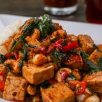 Cashew Tofu · Spicy. Fresno peppers, cilantro, scallions, chili sauce, choice of rice (vegetable fried ric...