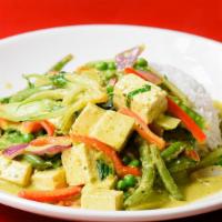 Gf Spicy Thai Green Vegetable Curry With Tofu · Spicy. Vegetarian. Seasonal vegetables, baby bok choy, green beans, peas and green curry sau...