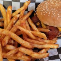 Double Bacon Cheeseburger (Basket) · A customer favorite!  Baskets include fries and choice of pop or coleslaw. Burgers includes ...