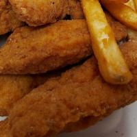 Chicken Strips · Four or Five tender white chicken strips.  Choice of dipping sauce.