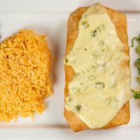 Chimichanga · Your choice of meat, Monterey jack cheese and beans, topped with poblano pepper sauce.