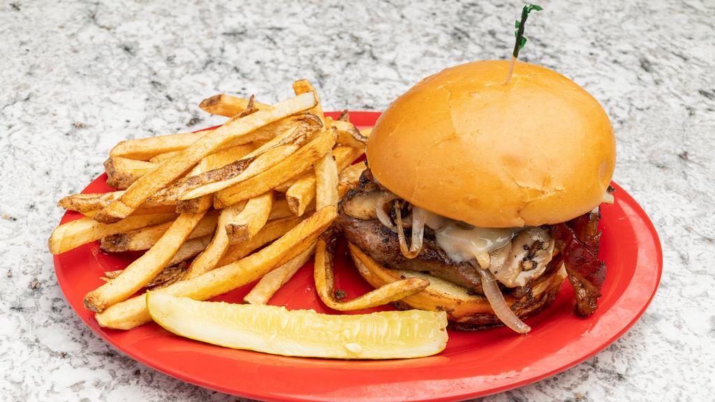 Gatsby'S Burger · Loaded with sautéed mushrooms, onions, Swiss cheese and bacon.