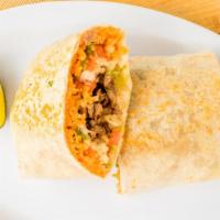 Burritos · Large flour tortilla with your choice of meat, cheese, tomatoes, lettuce, sour cream, rice, ...
