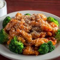 Sesame Chicken Lunch Special · Breaded white meat chicken in golden brown sauce and served with steamed broccoli.