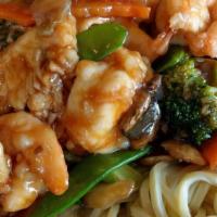 Cafe China Lo Mein · Shrimp and chicken sautéed with mixed vegetables on top of soft noodles. Served without rice.