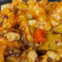 Kung Po Chicken · White meat chicken with diced broccoli stem, carrots, green pepper, onion & peanut in spicy ...