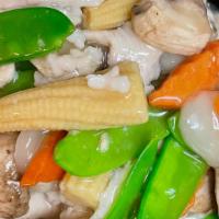 Moo Goo Gai Pan Chicken · Sliced chicken with snow peas, carrots, baby corn, mushroom, water chestnut & Chinese cabbag...