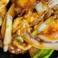 Mongolian Chicken · White meat chicken sautéed  with green-white onion in spicy plum (hoisin) sauce. (Hot  and s...