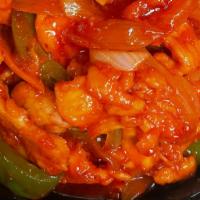 Hot & Spicy Chicken · White meat chicken with onion, carrots & green pepper in red sweet spicy sauce. (Hot and spi...