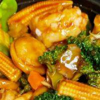 Shrimp With Mixed Vegetables · Jumbo shrimp with broccoli, carrots, baby corn mushrooms, snow peas, water chestnuts, and na...