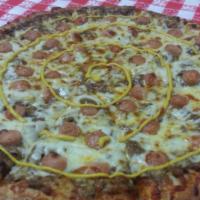 Coney Pizza - Large · Base of Coney chili sauce, sliced Dearborn hot dogs, and diced onions topped with mustard. P...
