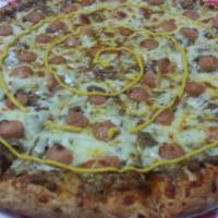 Coney Pizza - Medium · Base of Coney chili sauce, sliced Dearborn hot dogs, and diced onions topped with mustard. P...