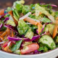 Fattoush  (Large) · Romaine lettuce, tomatoes, cucumber, radish, red cabbage, slivered carrots, pita chips, fatt...