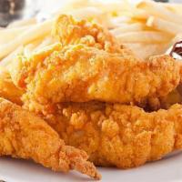 Chicken Tenders Dinner · 5 pcs fresh chicken tenders, breaded, fried to perfection, served coleslaw, choice of fries ...