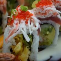 Dancing Tuna (8 Pieces) · Raw. Shrimp tempura, avocado, and cucumber, topped with tuna, crab salad, scallion, tobiko, ...