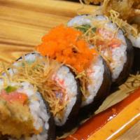 Angry Crab (5 Pieces) · Raw, medium spicy. Soft shell crab, jalapeño, crab salad, spicy tuna, topped with potato fla...
