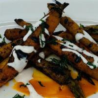 Gf Charred Carrots · BBQ Spiced Grilled Baby Carrots, Carrot Honey, Alabama White Sauce