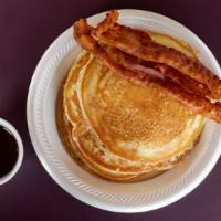 Pancakes · 3 large pancakes, choice of bacon, ham, or sausage, butter and syrup
7 TO 10:30 AM