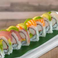 Rainbow Roll · Crabmeat, cucumber, and avocado inside tuna, salmon, and white fish on top.