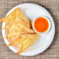 Crab Cheese (5) · Minced imitation crab meat mixed with cream cheese, wrapped in wonton sheet and fried until ...