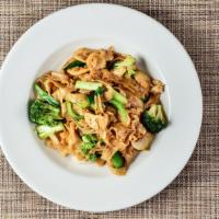 Pad Prik Noodles · Spicy. Stir-fried wide rice noodles mixed with eggs, green bell peppers, broccoli, water che...