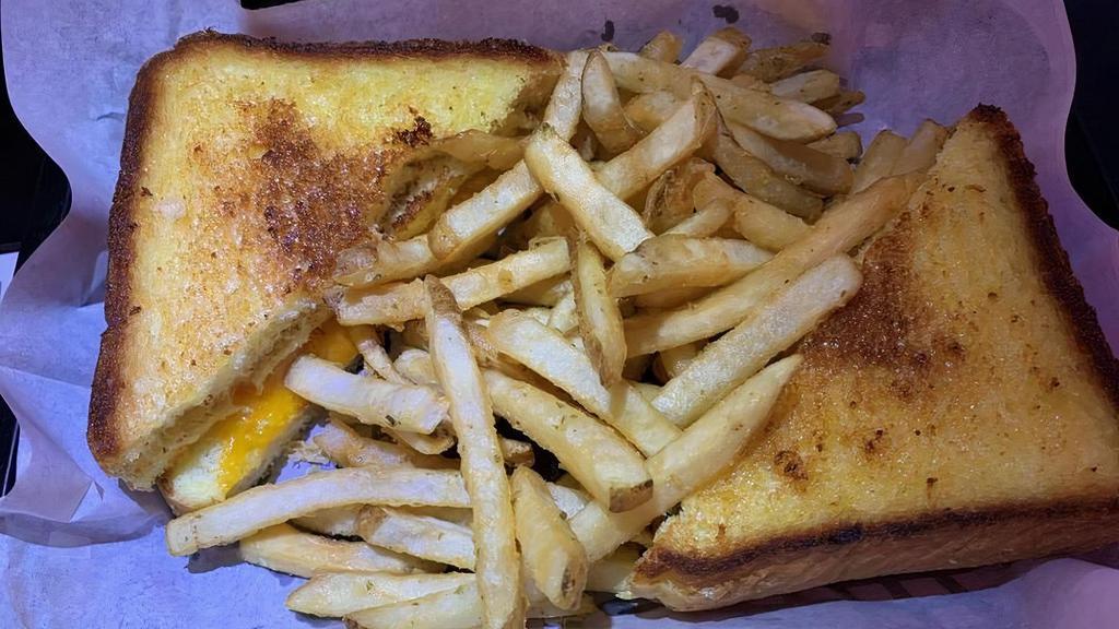 Grilled Cheese Sandwich · Your Choice of Wisconsin cheese served on a grilled thick-sliced Texas Toast with your choice of fries or tots. Sour Cream and Chive fries,  Onion Rings, Pickle Chips, Curds or Motz Sticks can be substituted for an extra charge.