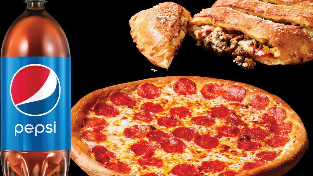 Meal Deal #2 · Large 1 topping pizza, original calizone and 2 liter soda