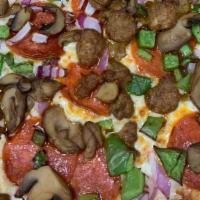 Supreme Pizza · Pepperoni, Mushrooms, Sausage, Red Onion, Green Pepper, and Ground Beef.