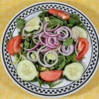 Tossed Salad · Crisp romaine lettuce topped with tomatoes, red onions and cucumbers. Served with choice of ...