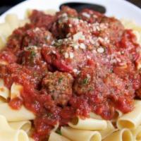 Rigatoni With Meatballs · Rigatoni tossed with our homemade marinara sauce and Chicago style meatballs topped with fre...