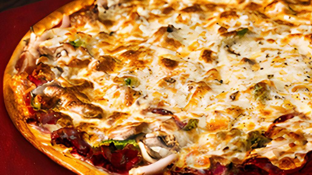 Pepperoni Supreme Pizza · A mouth watering symphony of pepperoni, mushroom, onion and green pepper.