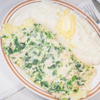 Protein Omelet · 50 grams of protein. Egg whites, chicken breast, spinach, and American cheese. Comes with to...