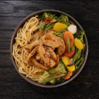 Teriyaki Chicken Mein · Egg noodles paired with grilled chicken infused in our signature teriyaki sauce and sautéed ...