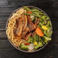 Teriyaki Pork Belly Mein · Egg noodles paired with pork belly infused in our signature teriyaki sauce and sautéed veget...