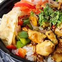 Hawaiian Bbq Chicken W/ Rice · Diced chicken sauteed with red onions, red and green peppers and a savory BBQ Bourbon sauce,...