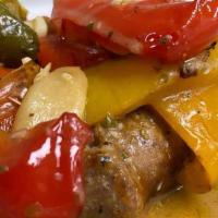 Sausage And Peppers · Roasted peppers tossed with Italian sausage in a garlic white-wine sauce.