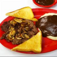 1/2Lb Hamburger Steak · Served with Grilled Onions, Mushrooms, a Side of Roast Beef Gravy, Texas Toast. Served with ...
