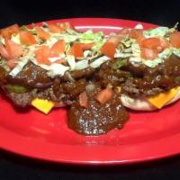 Super Chili Cheeseburger · 1/2 lb Open Faced, Double Cheese, Mustard, Pickles, Onions, Smothered in Chili, Then Topped ...