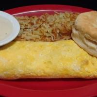 Plain Omelette · 3 Egg Cheese Omelette, Hash Browns, Toast or Biscuit & Gravy