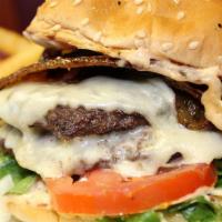 Casa Deli Burger · Half pound juicy meat, American and Cheddar cheese, lettuce, onion, tomato, chipotle mayo, s...