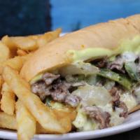 Philly Cheese Steak (Classic) · Turano bread, beef or chicken, fajita peppers, mustard mayo, American cheese, fries, green p...