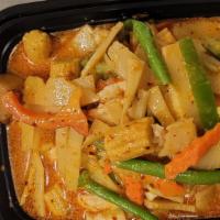 Gang Pa · Baby corn, eggplant, bamboo shoots, carrots, green peppers, and green bean in our spicy sauce.