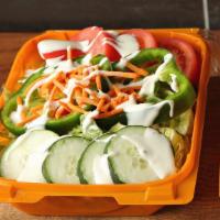 Garden Salad · Lettuce, Cucumbers, Tomato, Carrots, Green Peppers and American Cheese with your choice of d...