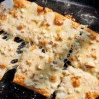 Flatbread Cheese Pizza · Mozzarella cheese and homemade tomato sauce.