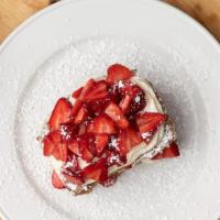 Strawberry Shortcake · challah french toast with a graham cracker crust stuffed & topped with house-made cream chee...