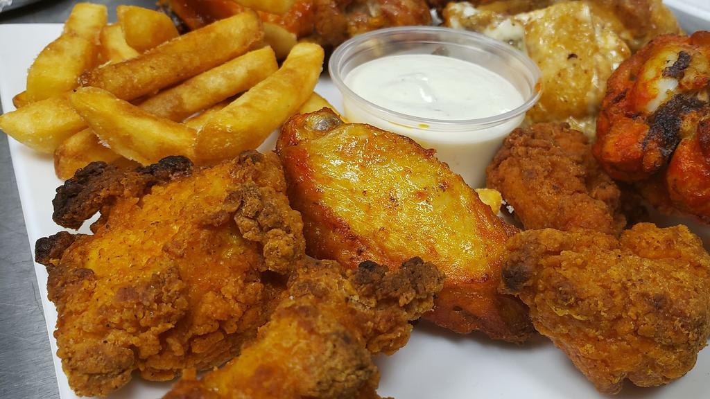 Breaded Wings Buckets · assorted mix of 16  breaded mild and breaded hot and spicy wings and 1 Large Fries.