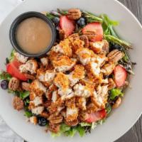 Lokal Salad · Pecan crusted chicken, mixed greens, strawberries, blueberries, bleu cheese crumbles, candie...