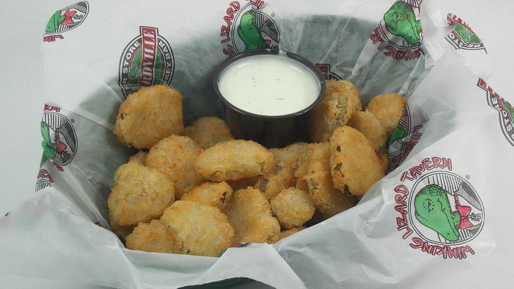 Lizard Freckles  · A basket of breaded and fried pickles chips served with a side of ranch. Not currently available in Columbus, but will be soon.