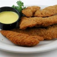 Lizard Lips · Chicken tenders deep fried golden brown. Served with BBQ, honey mustard or ranch. Available ...