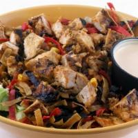 Mesa Chop Chicken Salad · A Santa Fe seasoned chicken breast on a bed of mixed greens topped with black bean and fire ...